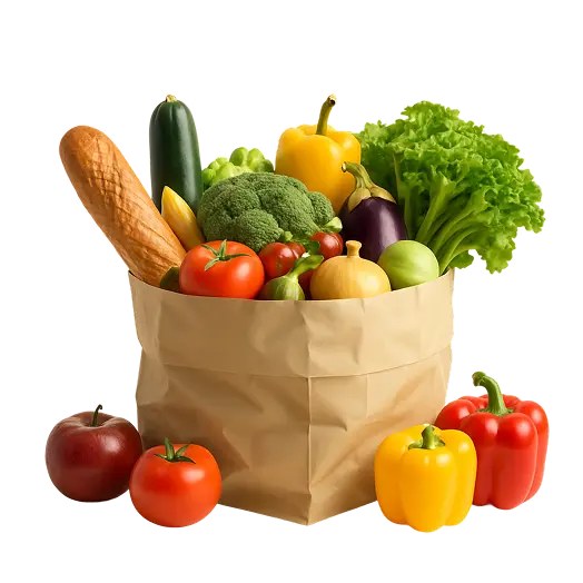 Paper bag full of fresh fruits and vegetables for daily grocery shopping