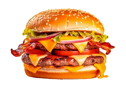Delicious stacked burger with crispy bacon for fast food delivery