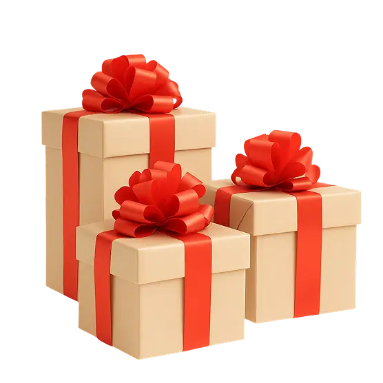 Wrapped gift boxes with red ribbons for birthdays or special events